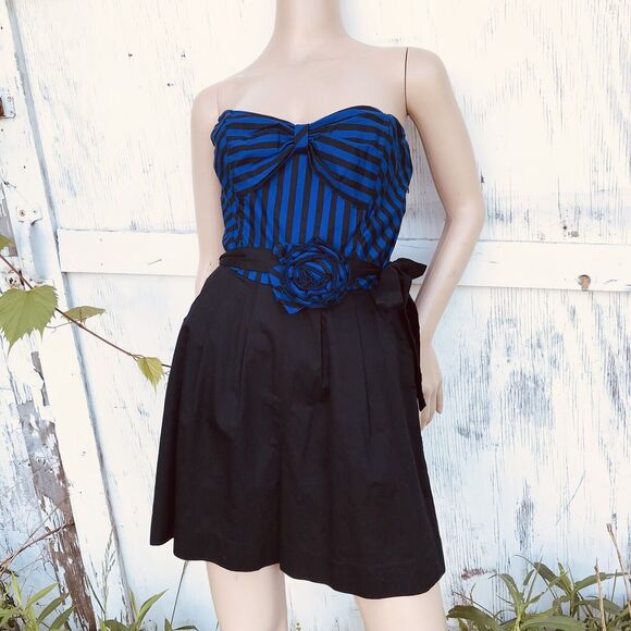 Anthropologie Chorus Girl Romper Maeve Black Blue Stripe Strapless Sz 6 M Retro - Picture 3 of 13